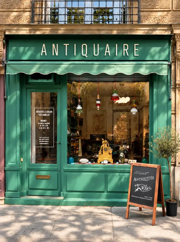 Façade d’antiquaire parisien verdoyante